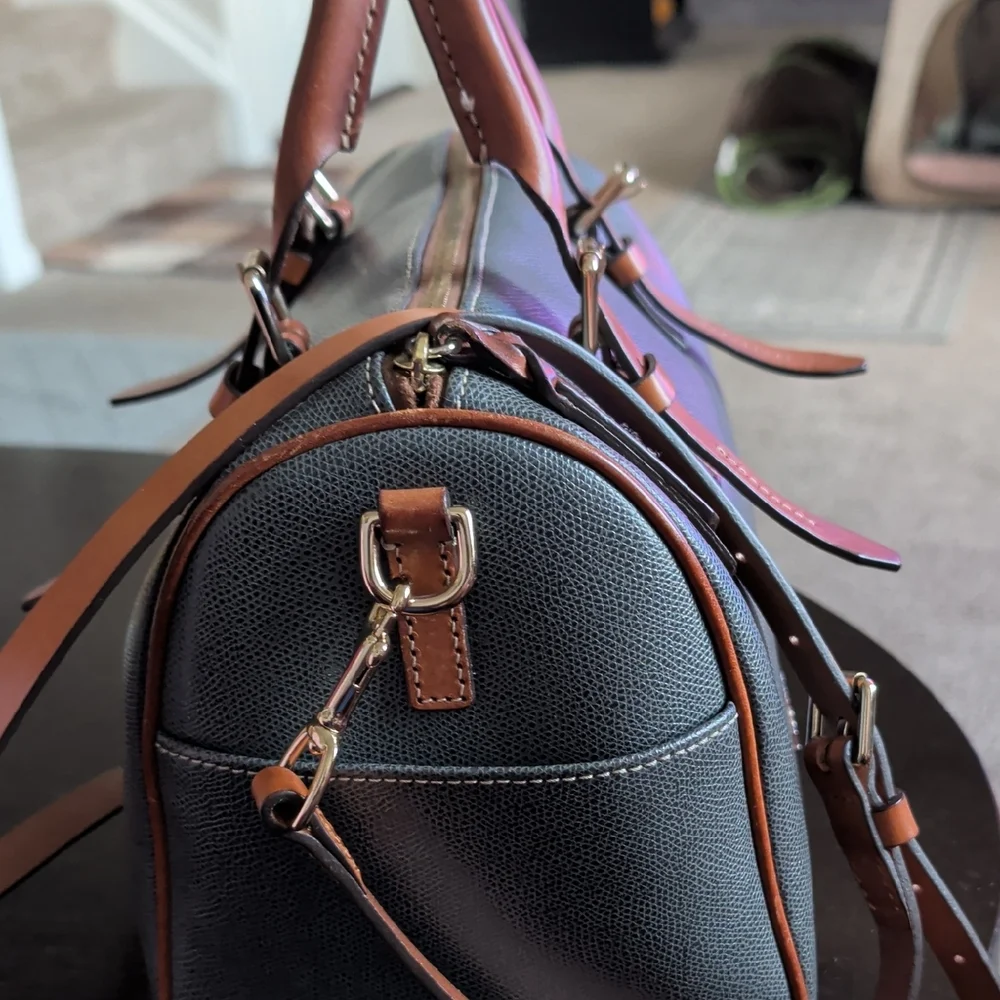 Dooney & Bourke Black Pebbled Leather Satchel with Brown Trim - Picture 2 of 4